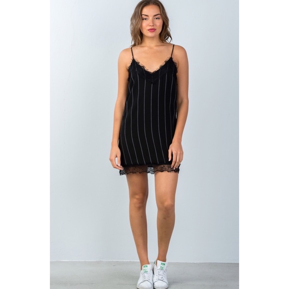 Black pinstripe lace trim slip mini dress - Picture 5 of 5